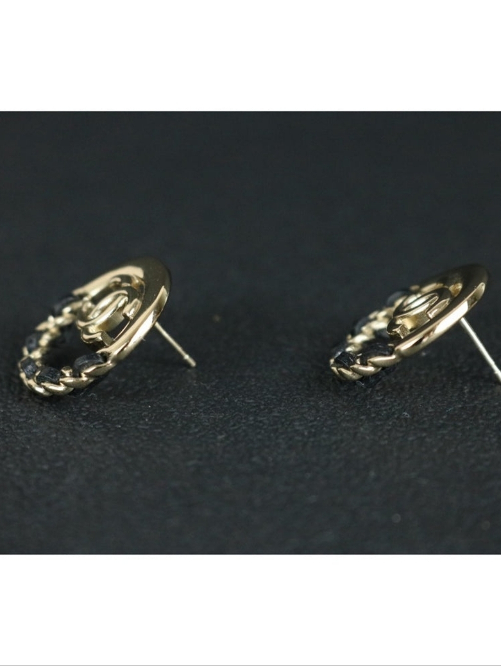 Chanel 2022 Studded Pierced Earrings with Leather Braided Gold Tone LIKE NEW! - Picture 5 of 10